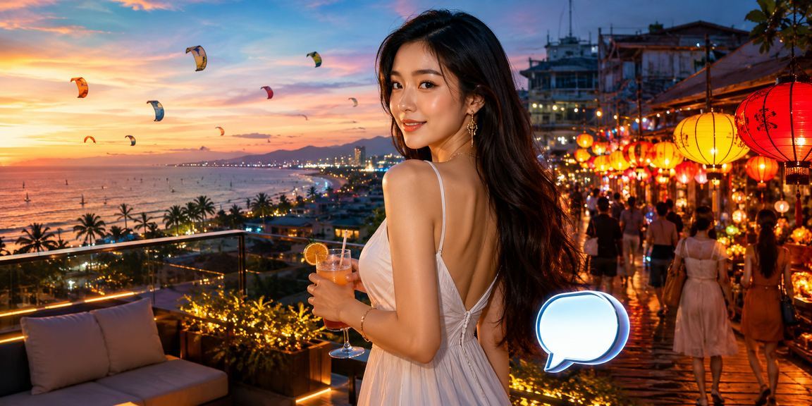 Người dùng Mũi Né trải nghiệm ứng dụng casino tại chợ đêm với ánh đèn rực rỡ